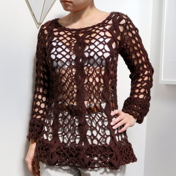 Vintage Chocolate Brown Open Cable Knit Sweater - Women's Medium Apocalyptic - Picture 3 of 6